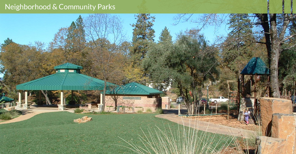 Melton Design Group designed Billie Park in Paradise, CA. Billie Park features shade structures, walking bridges, unique play structures, artistic features, man-made water features, and native plantings.