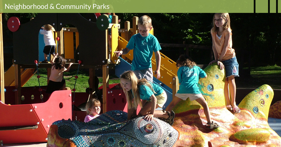 Melton Design Group designed the unique park at Caper Acres in Chico, CA.  Artistic features and creative play structures enhance the neighborhood park located within Bidwell Park.