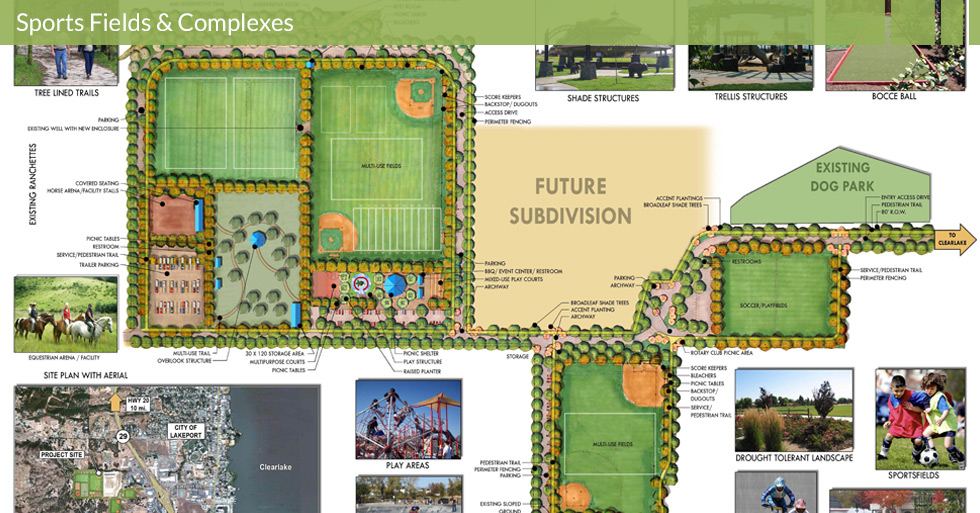 Melton Design Group, a landscape architecture firm, designed the Westside Community Park in Lakeport, CA. With multiple recreation fields, ample parking and green space complete with a dog park, shade structures, tree-lines trails and drought tolerant landscape.