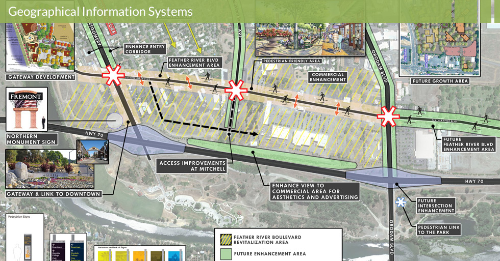 Melton Design Group master planned the Feather River Blvd. in Oroville, CA. Featuring a historical downtown gateway at Lincoln and Huntoon streets, façade improvements, a cultural and entertaining complex, sidewalk streetscapes with solar bollards. This master plan also featured the Feather River revitalization project as well as the redevelopment of Meyers Street.