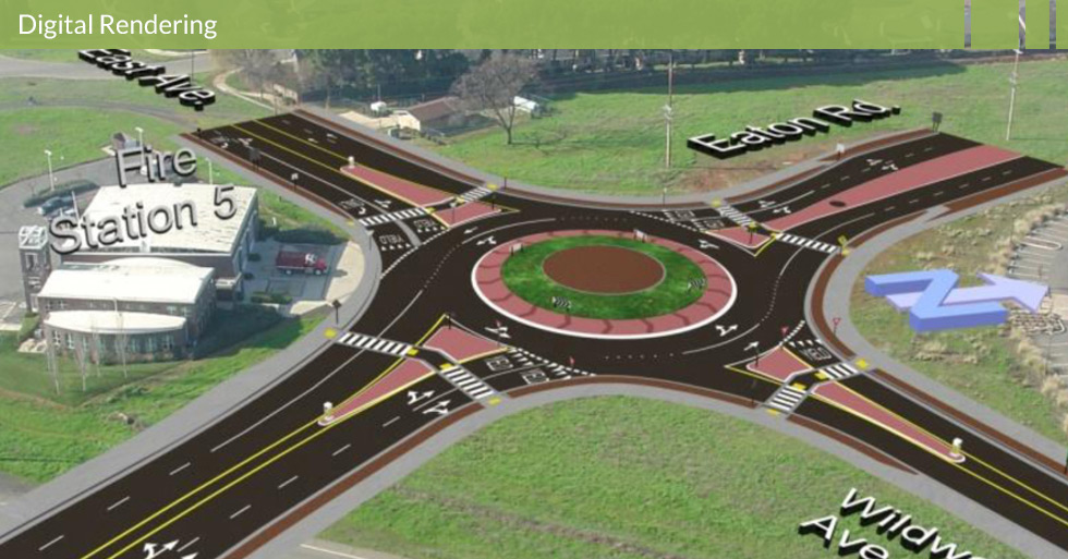 Melton Design Group, a landscape architecture firm, designed the Manzanita Roundabout in Chico, CA. A two-lane, easily maneuverable roundabout with a grassy area in the middle and brick colored concrete. 