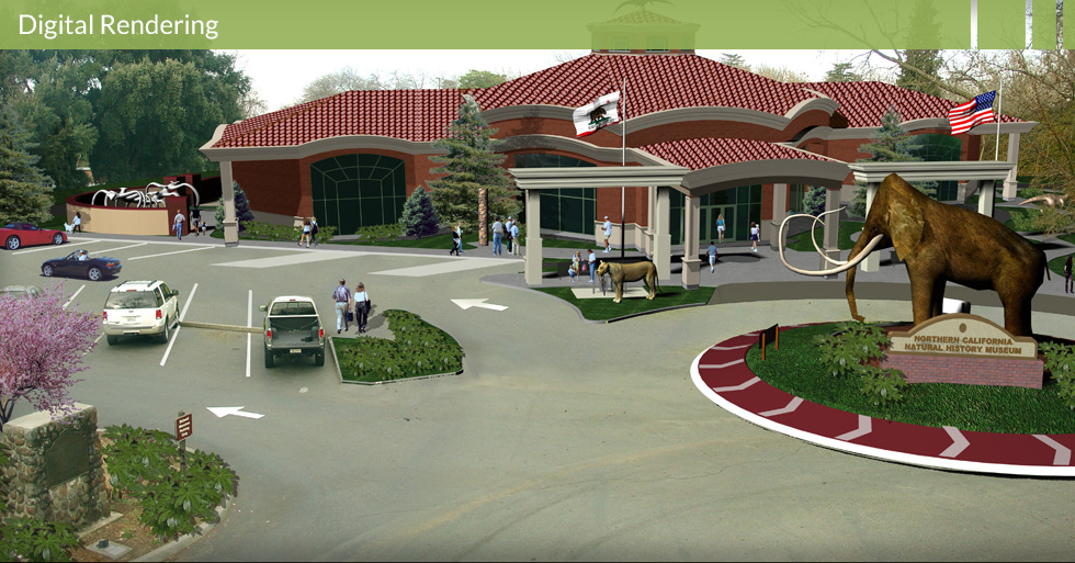 Melton Design Group, a landscape architecture firm, designed the Natural History Museum in Chico, CA. An elephant statue surrounded by a grassy area greets you as you drive in. A brick building is complimented by ceiling to floor windows, tiled roofing and cream-colored pillars. 