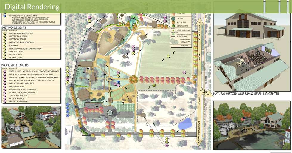 Melton Design Group designed the master plan for Patrick Ranch in Durham, CA. This digital rendering features the entry barn, winding paths, event areas, natural plantings, and a designated wedding venue.
