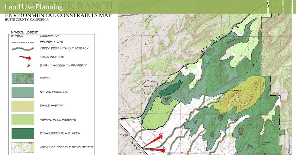 Melton Design Group, a landscape architecture firm, designed the Eagle Creek Environmental Constraints Map in Butte County, CA.  