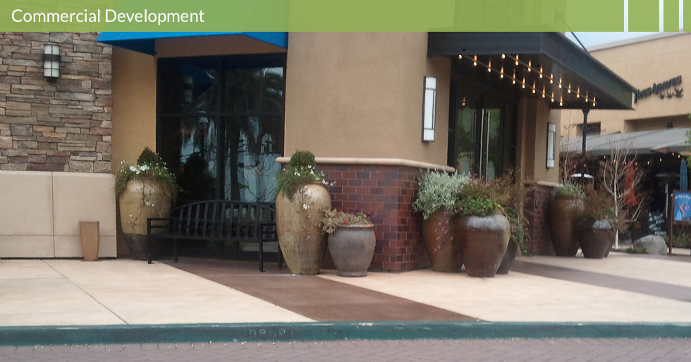 Melton Design Group, a landscape architecture firm, designed the entry pots and concrete at Dave and Busters in Roseville, CA. This classic taupe colored stucco building is embellished with dark brick, cream colored concrete with darker walkways to match the ceramic potted plants filled with rosemary complete with a cast iron fence. 