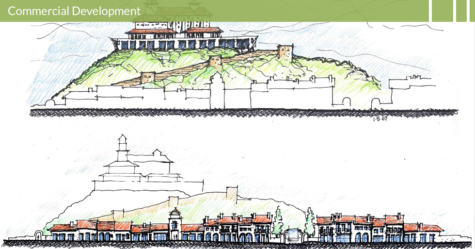 Melton Design Group, a landscape architecture firm, designed the retail village elevation on the hill in Rancho Murieta, CA. 