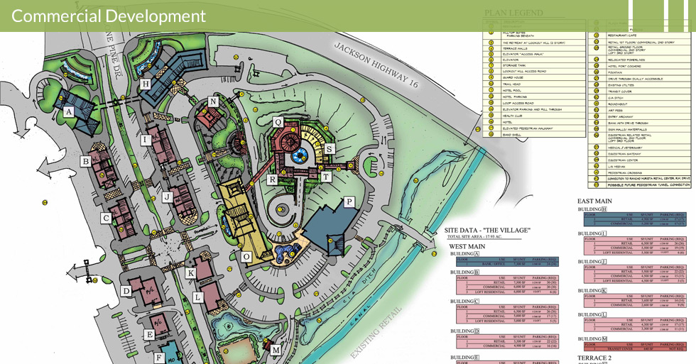 Melton Design Group, a landscape architecture firm, designed the retail village elevation on the hill in Rancho Murieta, CA. 