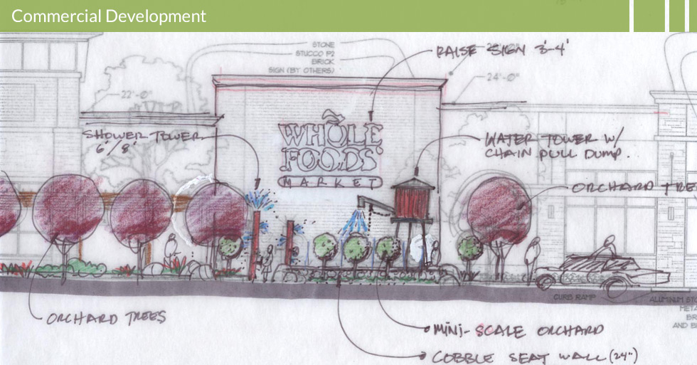 Melton Design Group, a landscape architecture firm, designed Whole Foods in Roseville, CA. Complete with a  mini-scale orchard, near the entrance, a cobblestone seat wall, a water tower with a chain pull dump and shower towers to water the orchard trees.