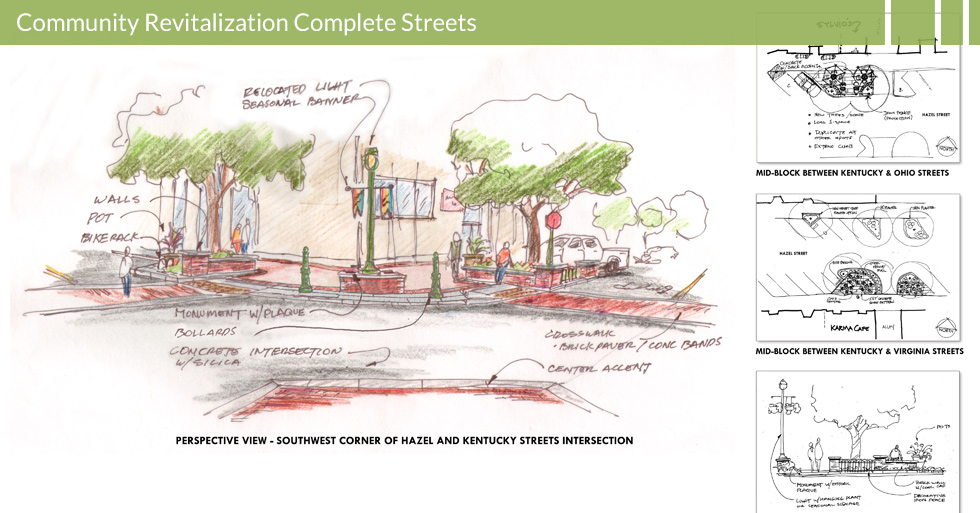 Melton Design Group, a landscape architecture firm, designed Street Modernization and Bulbouts in Gridley, CA. Brick paved walkways, a center accent, potted plants, bike racks, a concrete intersection with silicia and a center accent complete the redesign.