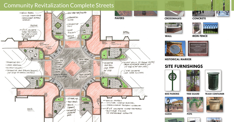 Melton Design Group, a landscape architecture firm, designed the Intersection Modernization and Bulbouts in Gridley, CA. Complete with brick walls and crosswalks, lamposts, iron fences, a center clock, historical markers, bike parking, tree protectors and more. 