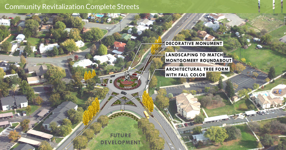 Melton Design Group, a landscape architecture firm, designed the roundabout in South Oroville, CA. With a decorative monument, landscaping to match the Montgomery roundabout, and architectural tree form with fall colors. 