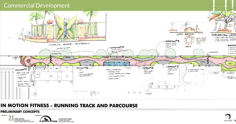 Melton Design Group, a landscape architecture firm, designed the running track and parcourse at In Motion Fitness in Chico, CA. Complete with a jump bench, different stations for workouts and a waterfall.