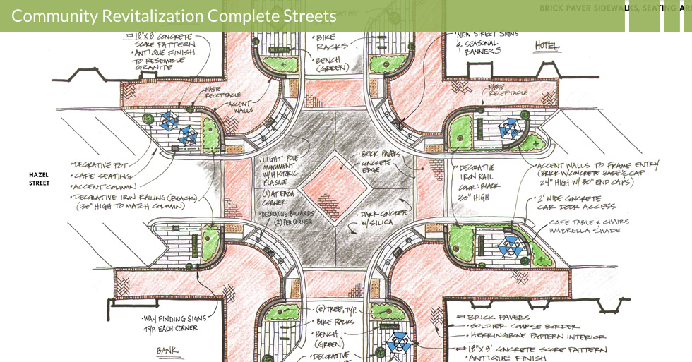 Melton Design Group, a landscape architecture firm, designed Hazel St. in Downtown Gridley, CA. Decorative iron rails in black, stone pots, benches shaded by trees, bike racks, café seating, accent columns and more. 