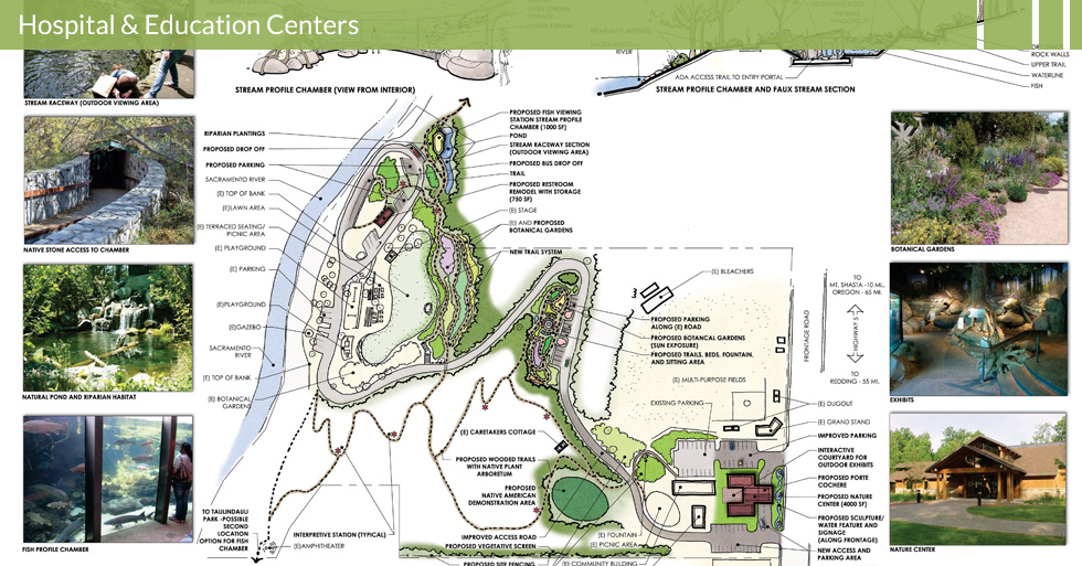 Melton Design Group, a landscape architecture firm, designed this Creek Interpretation Education Facility in Dunsmuir, CA. It includes a stream viewing area, native stone access to chamber, natural ponds, botanical gardens exhibits and a nature center.