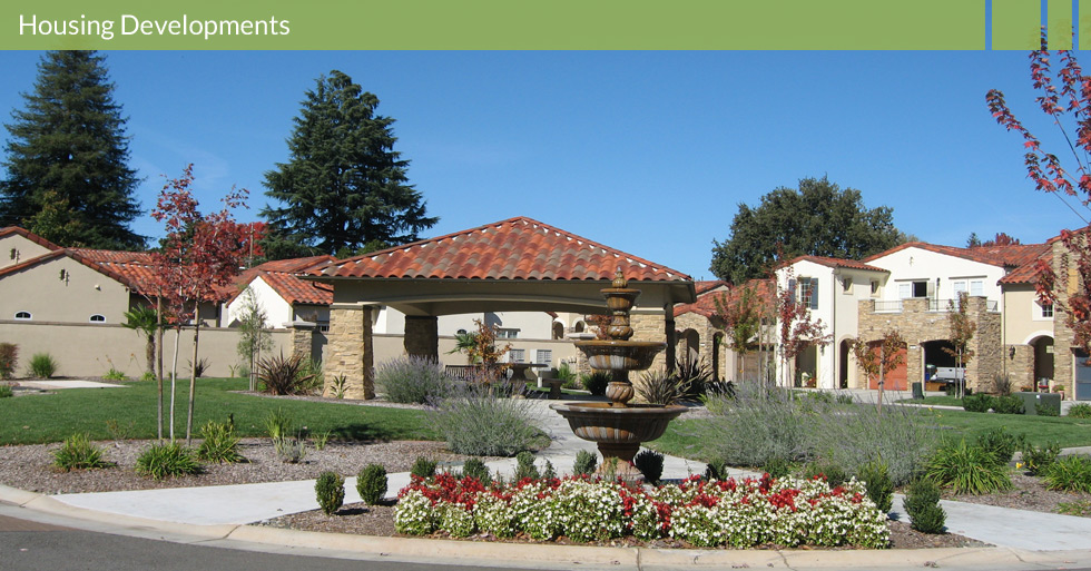 Melton Design Group, a landscape architecture firm, designed Sorrento homes in Chico, CA. This housing development includes grassy areas, beautiful stone embellishments and an eye catching fountain and picnic area. 