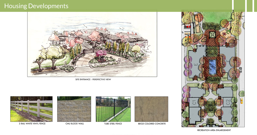 Melton Design Group, a landscape architecture firm, designed the courtyard and site accessories for The Woodland at Grange Street in Redding, CA. Including a white vinyl fence, tube steel fence, cmu block wall, beige colored concrete and a very open entrance area.  