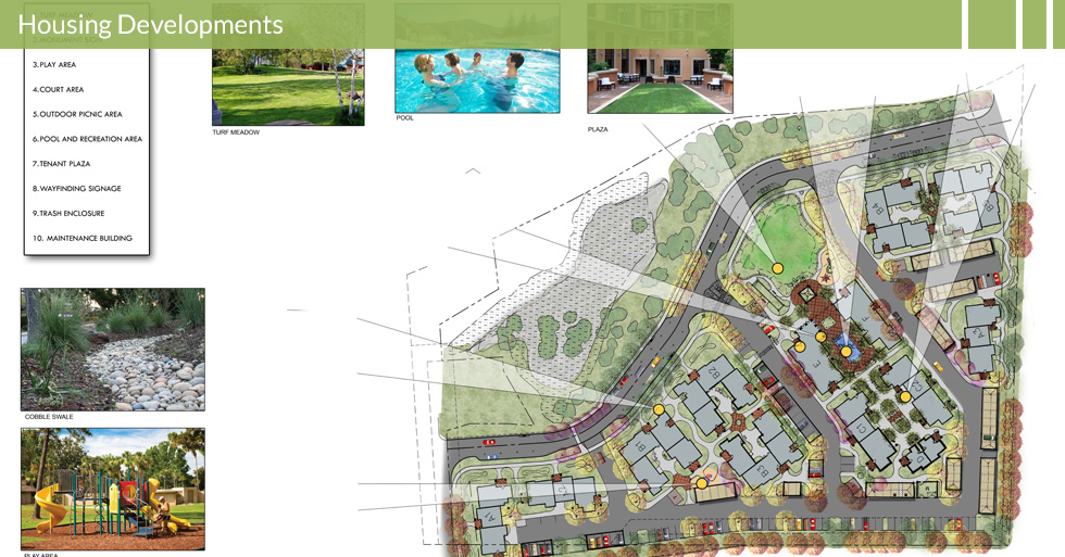 Melton Design Group, a landscape architecture firm, designed The Woodland at Grange Street in Redding, CA. Complete with a pool, a grassy community plaza, cobble walkways, turn meadow and children’s play structure. 