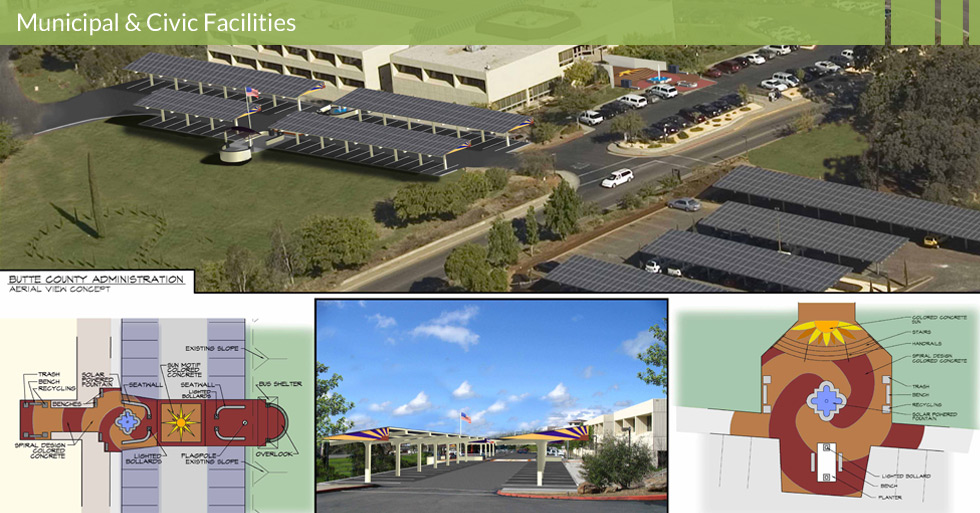 Melton Design Group, a landscape architecture firm, designed the Butte County Solar Center in Oroville, CA. With colorful concrete designs, a sitting area, and a bus shelter. 