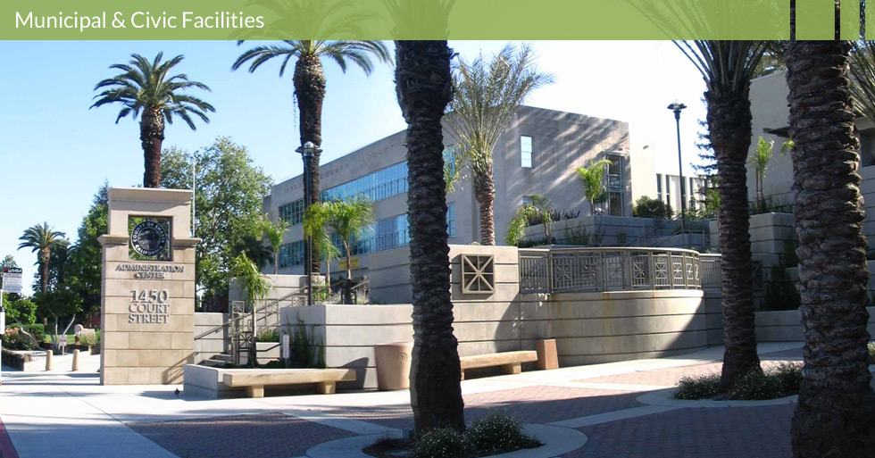 Melton Design Group, a landscape architecture firm, designed the Shasta County Administration Center in Redding, CA. Completed with beige color cement, tan stone, palm trees and a turf outdoor area. 