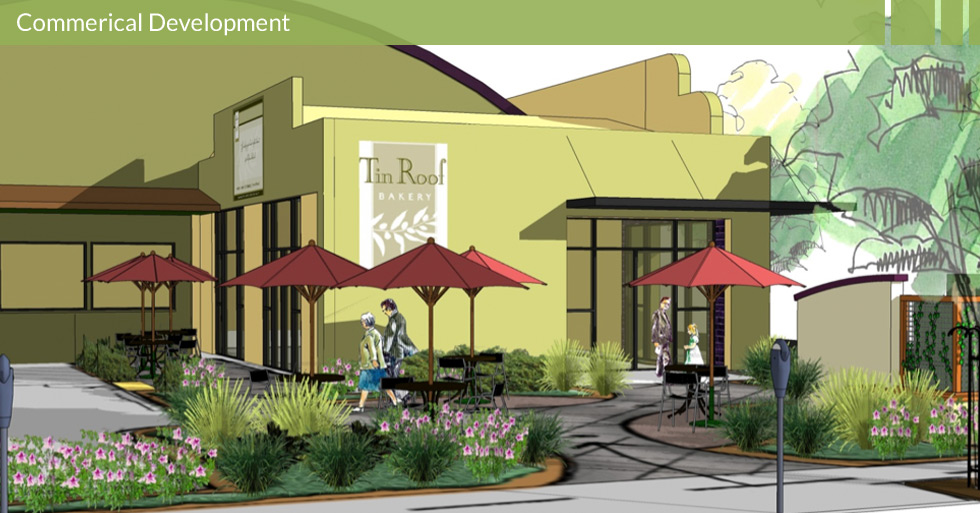 Melton Design Group designed the corner of 7th and Broadway in Chico, CA to upgrade an area now known as “SOPA,” an artisy and booming area in Chico. Tin Roof Bakery anchors the corner with an outdoor seating in a warehouse style building. This retail center contains five separate retail spaces.