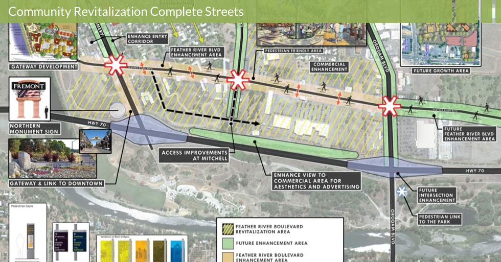 Melton Design Group designed the revitalization of Feather River Blvd. in Oroville, CA. The revitalization project consisted of the gateway link to downtown, access improvements, enhanced view to commercial area for aesthetics and advertising, pedestrian friendly areas, wayfinding monuments, and future growth areas.