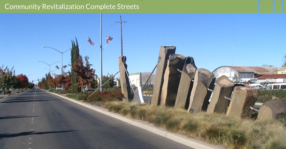 Melton Design Group designed the revitalization of Park Ave. in Chico, CA. Artistic sculptures, unique plantings, pedestrian walkways, expanded sidewalks, and large trees revitalized a much needed area in Chico.