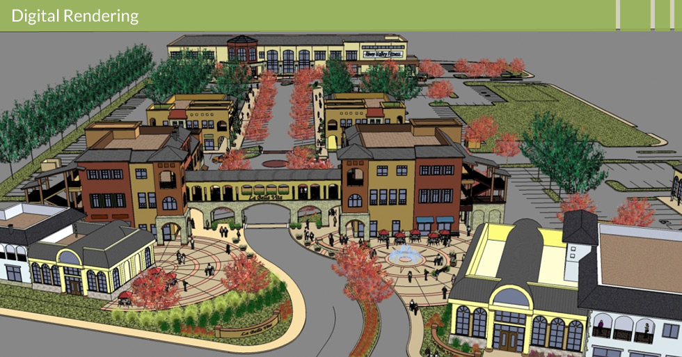 Melton Design Group designed the retail center at La Bella Vita in Yuba City, CA. This digital rendering depicts the street facing retail, unique facades, entry monument, tree-lined sidewalks, water features, outdoor café, and ample parking.