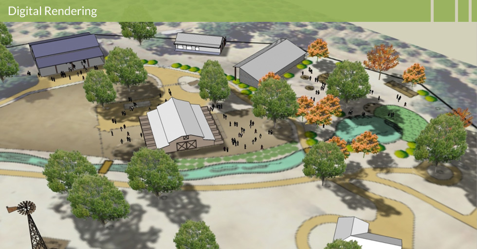 Melton Design Group designed the master plan for Patrick Ranch in Durham, CA. This digital rendering features the entry barn, winding paths, event areas, natural plantings, and a designated wedding venue.