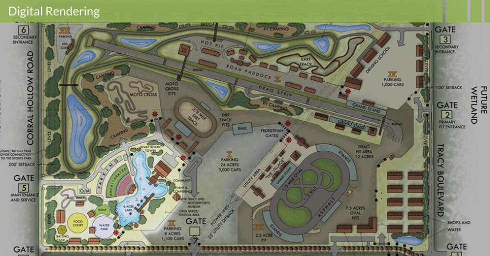 Melton Design Group master planned the community recreation area of Tracy Blast in Tracy, CA.  This digital rendering features designated camping and RV areas, amphitheater, man-made lake, moto-cross track, sports park, water park, and food courts. 