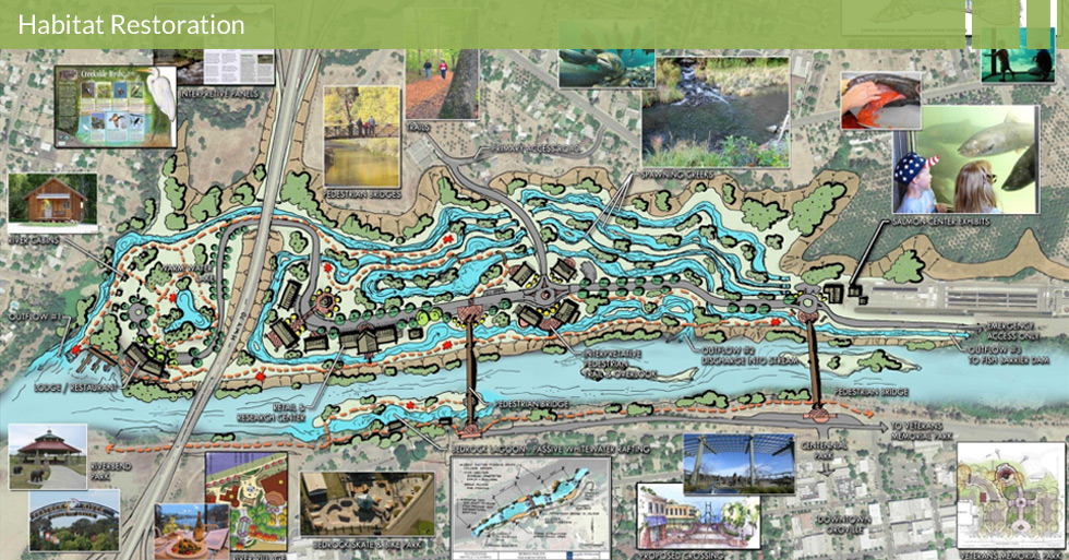 Melton Design Group designed the Feather River Salmon Preservior in Oroville, CA.  Featuring interpretative panels, pedestrian bridges and trails, spawning creeks, salmon creek exhibits, and fish viewing chambers.