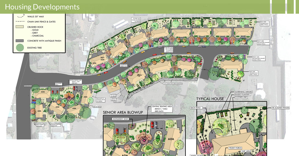 Melton Design Group, a landscape architecture firm, designed Butte County Housing Authority in Chico, CA. The outdoor housing areas were designed with classic fencing and gates, crushed rock in gold, grey and charcoal and completed with concrete with an antique finish – all planned around the existing trees!