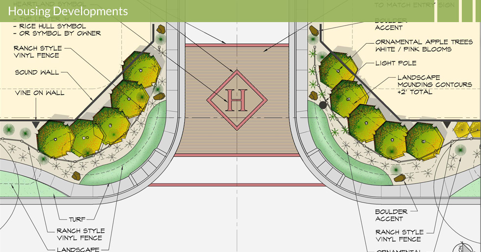 Melton Design Group, a landscape architecture firm, designed The Heartland in Orland, CA. Surrounded by a ranch style vinyl fence with a sound wall covered in vines. 