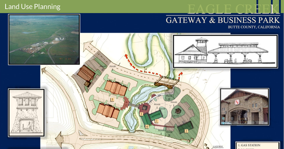 Melton Design Group designed the land use plan for Eagle Creek in Butte County, CA. This land use plan features a gas station, market, retail commercial, information center, and light industrial.