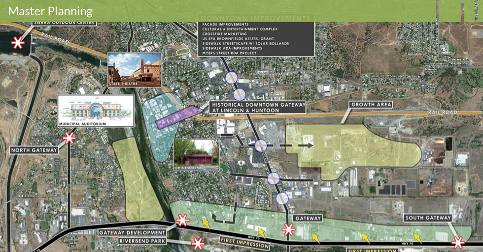 Melton Design Group master planned the Feather River Blvd. in Oroville, CA. Featuring a historical downtown gateway at Lincoln and Huntoon streets, façade improvements, a cultural and entertaining complex, sidewalk streetscapes with solar bollards. This master plan also featured the Feather River revitalization project as well as the redevelopment of Meyers Street.