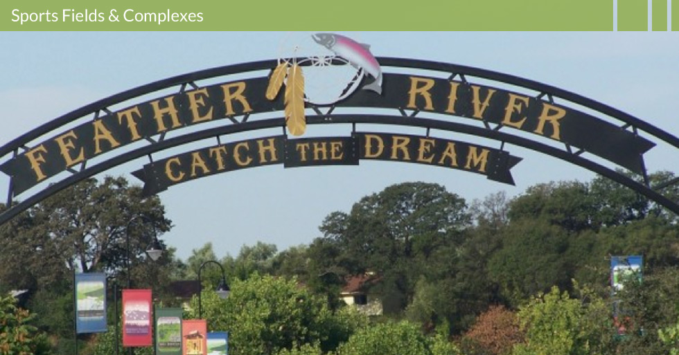 Melton Design Group designed Riverbend Park featuring soccer fields, shade structures, play structures, rock climbing walls, public dock access to the Feather River, disc golf course, entry monument signage, and artistic sculptures.